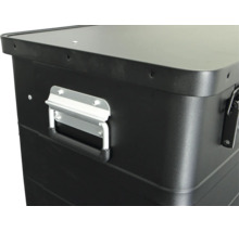 Detailansicht einer Transportbox aus Metall mit seitlichem Tragegriff und Deckel.