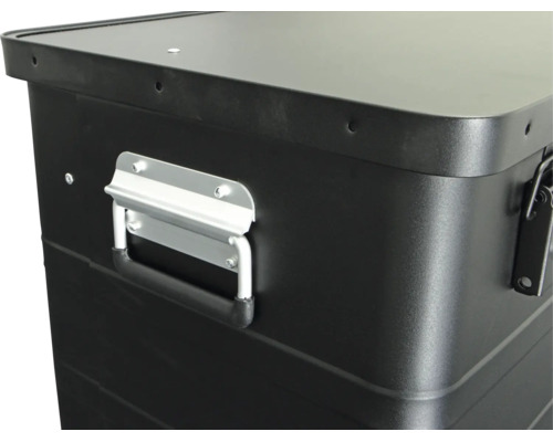 Detailansicht einer Transportbox aus Metall mit seitlichem Tragegriff und Deckel.