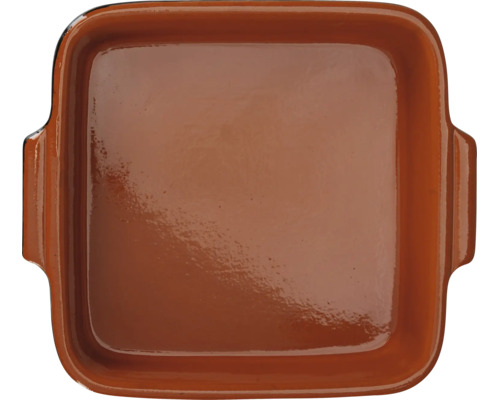 Quadratische Auflaufform aus Keramik mit seitlichen Griffen für den Ofen.