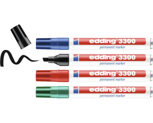 Ensemble de quatre marqueurs permanents Edding 3300 de différentes couleurs avec pointe biseautée pour un marquage et une écriture précis.