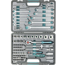 Technocraft Werkzeugkoffer mit Steckschlüsselsatz und Maulringschlüsseln in einem Kunststoffkoffer zur geordneten Aufbewahrung von Handwerkzeugen.