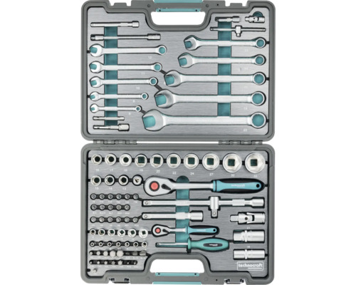 Technocraft Werkzeugkoffer mit Steckschlüsselsatz und Maulringschlüsseln in einem Kunststoffkoffer zur geordneten Aufbewahrung von Handwerkzeugen.