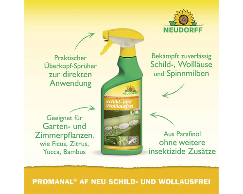 Neudorff Promanal AF Neu Schild- und Wollausfrei Insektizid Sprühflasche zur Bekämpfung von Schildläusen, Wollläusen und Spinnmilben an Pflanzen.