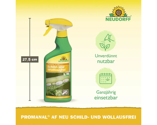 Neudorff Promanal AF Neu Schild- und Wollausfrei Pflanzenschutzmittel in der Sprühflasche, Höhe 27,5 Zentimeter, ganzjährig einsetzbar.