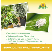 Neudorff Promanal AF Neu Schild- und Wollausfrei Spray mit Anwendungshinweisen für Zimmerpflanzen gegen Schädlinge wie Wollläuse.