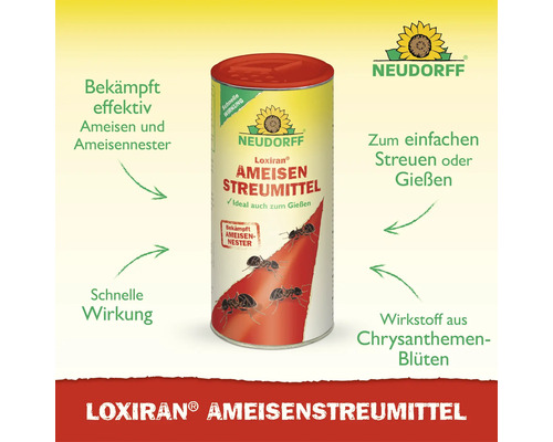 Neudorff Loxiran Ameisenstreumittel zur Bekämpfung von Ameisen und Ameisennestern zum Streuen oder Gießen mit Wirkstoff aus Chrysanthemenblüten.