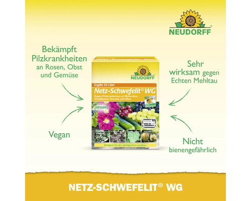 Neudorff Netz Schwefelit WG Fungizid gegen Pilzkrankheiten und Echten Mehltau an Pflanzen, geeignet für ökologischen Landbau.