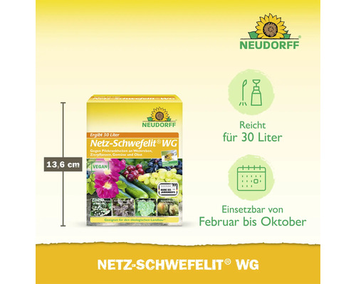 Neudorff Netz Schwefelit WG Fungizid gegen Pilzkrankheiten an Pflanzen, 13,6 Zentimeter Packungshöhe, ausreichend für 30 Liter Spritzbrühe.