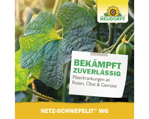 Neudorff Logo mit Netz Schwefelit WG Mittel zur Bekämpfung von Pilzkrankheiten an Rosen, Obst und Gemüse.