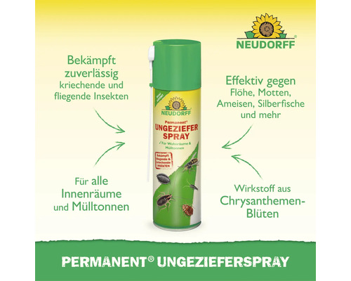 Neudorff Permanent Ungezieferspray zur Bekämpfung von fliegenden und kriechenden Insekten in Wohnräumen und Mülltonnen mit natürlichem Wirkstoff.