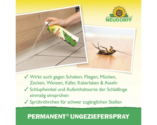 Neudorff Permanent Ungezieferspray zur Bekämpfung von Insekten mit Sprühröhrchen für schwer zugängliche Stellen sowie Neudorff Logo.