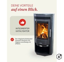 Poêle à bois Justus avec catalyseur intégré pour réduire les odeurs et les gaz d combustion lors de la combustion du bois. (Image AI modified or generated)