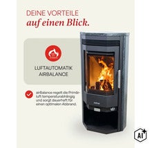 Poêle à bois Justus avec régulation automatique de l air AirBalance pour un contrôle automatique de l air primaire assurant une combustion optimale. (Image AI modified or generated)