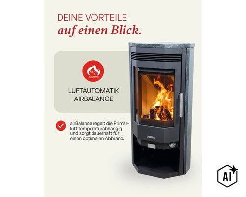 Poêle à bois Justus avec régulation automatique de l air AirBalance pour un contrôle automatique de l air primaire assurant une combustion optimale. (Image AI modified or generated)