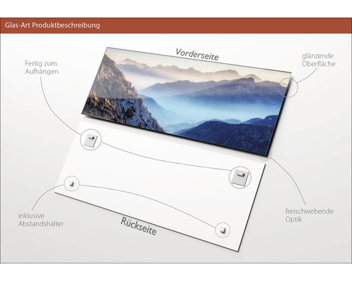Glasbild mit Bergmotiv, glänzender Oberfläche und Abstandshalter zur Wandmontage