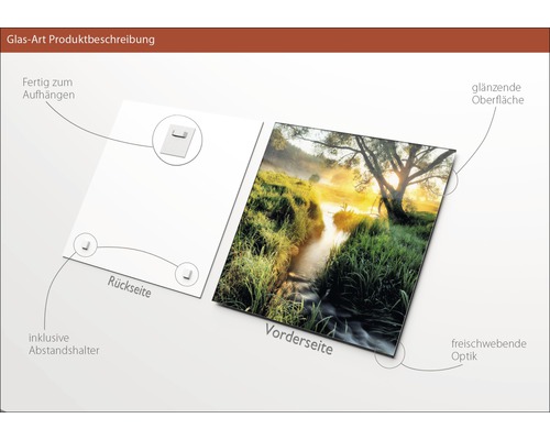 Glasbild mit Flusslandschaft, glänzender Oberfläche, inklusive Wandhalterung