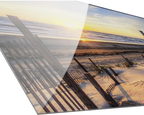 Image en verre acrylique avec un motif de plage au coucher du soleil
