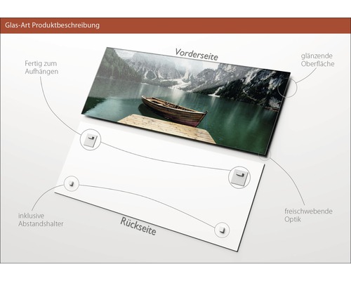 Glasbild mit See-Motiv, glänzender Oberfläche und rückseitigen Abstandshaltern zur Aufhängung