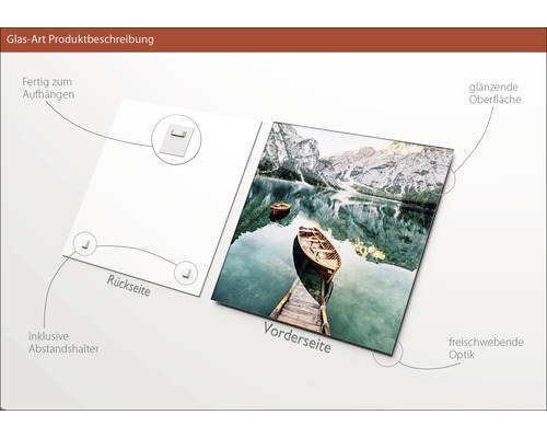 Produktbeschreibung eines Glasbildes mit See Motiv, inklusive Halterung und glänzender Oberfläche