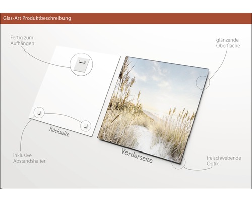 Glasbild mit Aufhängevorrichtung, glänzender Oberfläche und Abstandshalter