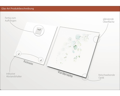 Glasbild mit Aufhängung, Abstandshalter, glänzender Oberfläche und schwebender Optik