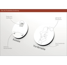 Glasbild Produktbeschreibung mit Aufhängevorrichtung, Abstandshalter, glänzender Oberfläche und schwebender Optik