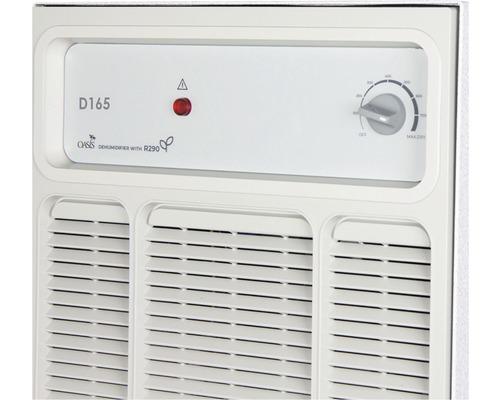 Oasis D165 Luftentfeuchter Detailansicht mit Bedienfeld, Warnleuchte und Luftschlitzen