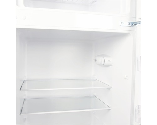 Vue intérieure d''un réfrigérateur avec deux étagères en verre et un régulateur de température.