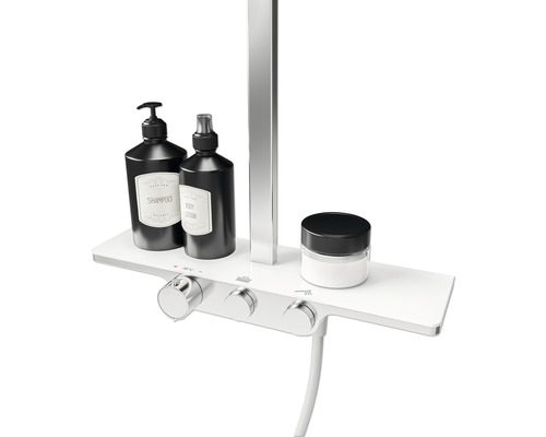 Robinet de douche avec shampoing, lotion pour le corps et crème