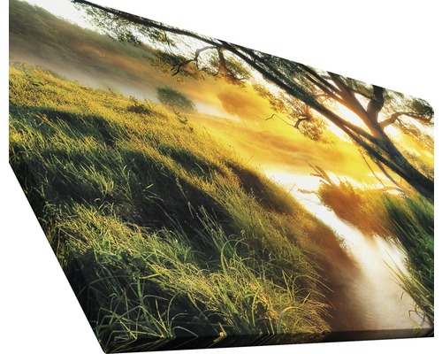 Gemälde mit Landschaftsszene mit Bäumen, Gras und Fluss