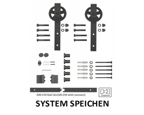 Schiebetürbeschlagset inklusive Laufrollen, Schrauben und einer 200 Zentimeter Schiene