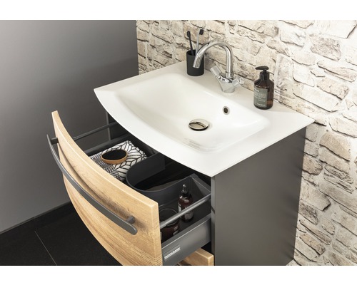 Waschtischunterschrank mit offenem Schubfach, inklusive Waschbecken und Armatur, Badezimmer