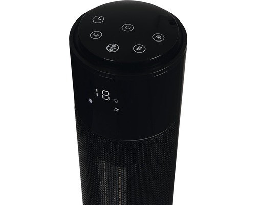 Detailansicht eines Turmheizlüfters mit digitaler Anzeige und Bedienfeld