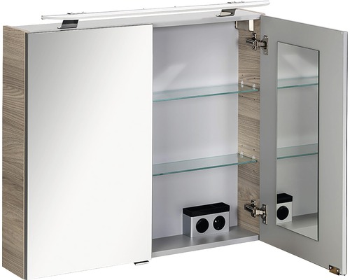 Offener Spiegelschrank mit Glasablagen und Steckdose