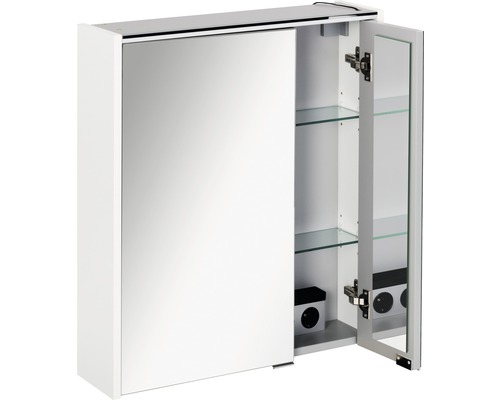 Armoire de toilette blanche ouverte avec étagères en verre