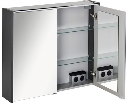 Armoire de toilette avec porte coulissante et porte ouverte, tablettes en verre incluses