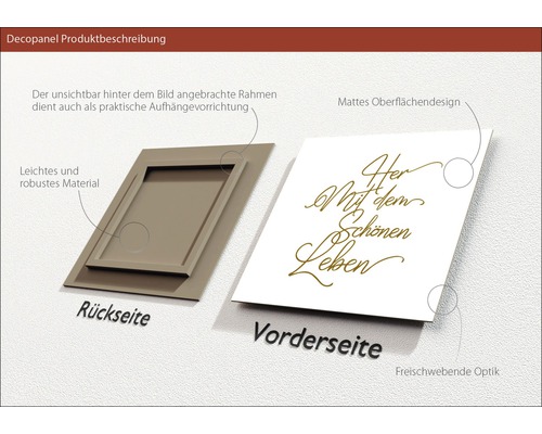 Decopanel Produktbeschreibung mit Rückseite und Vorderseite mit der Aufschrift Her mit dem schönen Leben