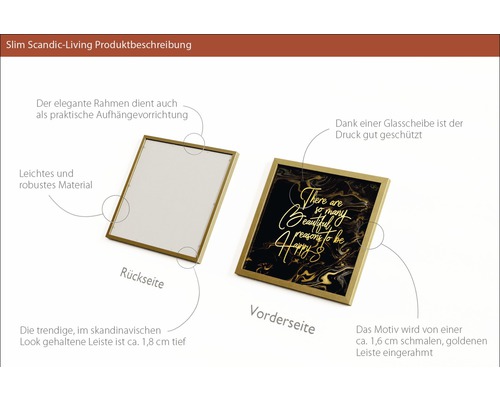 Produktbeschreibung eines Bilderrahmens mit Motiv und schlankem goldenen Rahmen, Vorder- und Rückseite dargestellt.