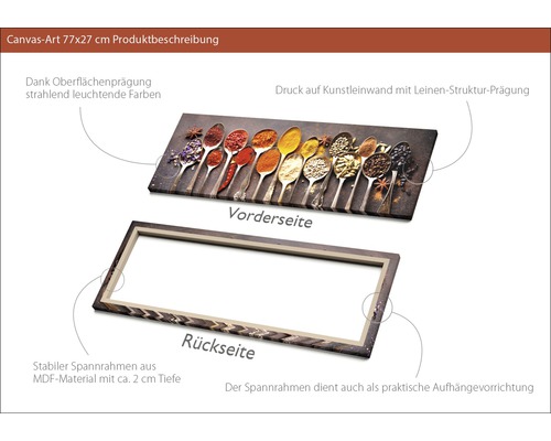 Leinwandbild, 77 mal 27 Zentimeter, mit Gewürzen auf Löffeln als Motiv