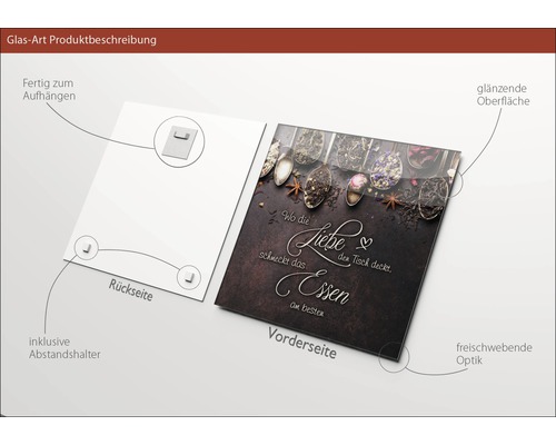 Image en verre avec suspension et la citation Là où l''amour met la table, la nourriture a meilleur goût