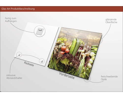 Glasbild mit Gemüsemotiv, inklusive Wandhalterung und Abstandshalter.