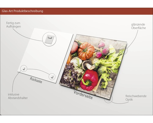 Glasbild mit Gemüsemotiv, inklusive Halterung zur Aufhängung.