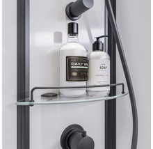Étagère en verre avec deux récipients pour les produits de soins de la douche dans une cabine de douche.
