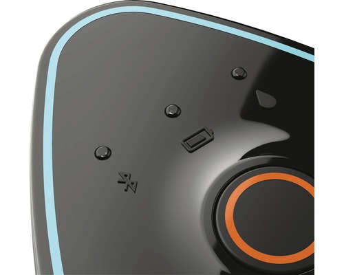 Vue détaillée d''un appareil avec symbole Bluetooth, indicateur de batterie et boutons de commande