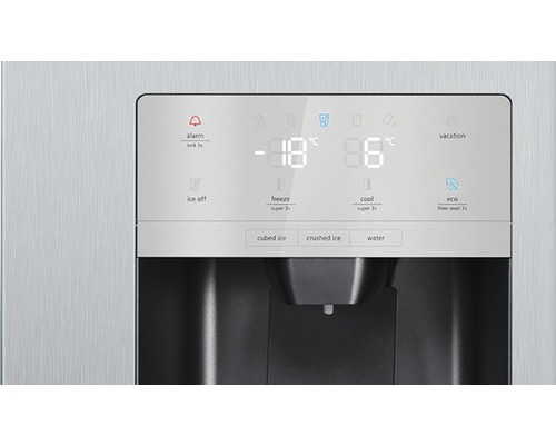 Réfrigérateur avec affichage numérique pour la température, alarme, mode vacances, glaçons, glace pilée et eau