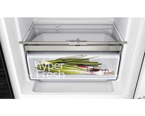 Tiroir à légumes dans un réfrigérateur avec des oignons nouveaux