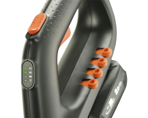 Vue détaillée d'un coupe-bordures avec commandes et indicateur de batterie