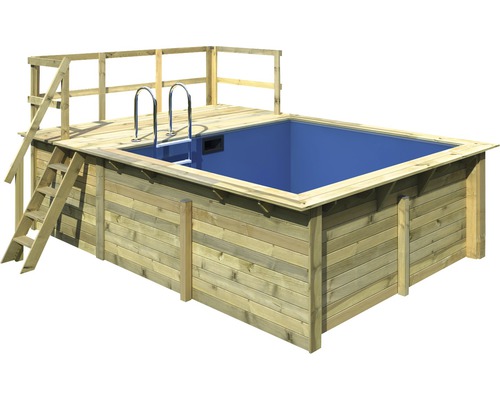 Kit de piscine hors sol en bois Karibu taille 1 rectangulaire 462x353x124 cm avec tapis de sol, habillage intérieur avec rebord de fixation et échelle avec plate-forme