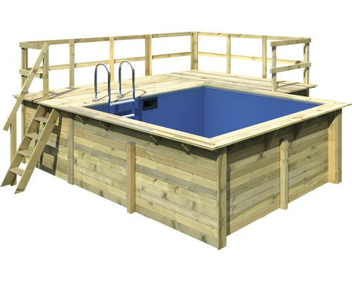 Kit de piscine hors sol en bois Karibu taille 1 rectangulaire 462x483x124 cm avec tapis de sol, habillage intérieur avec rebord de fixation, échelle avec plate-forme en L