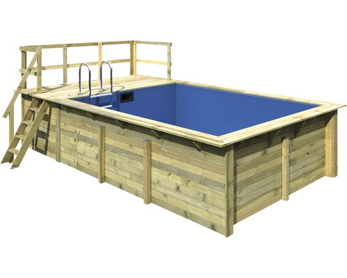 Kit de piscine hors sol en bois Karibu taille 2 rectangulaire 582x353x124 cm avec tapis de sol, habillage intérieur avec rebord de fixation et échelle avec plate-forme